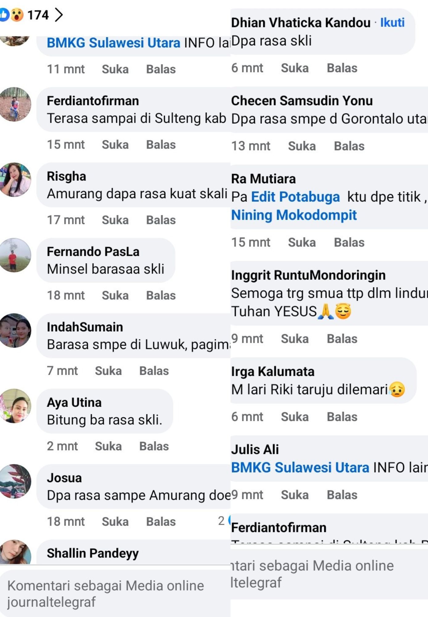Komentar warganet terkait gempa di kabupaten Boltim