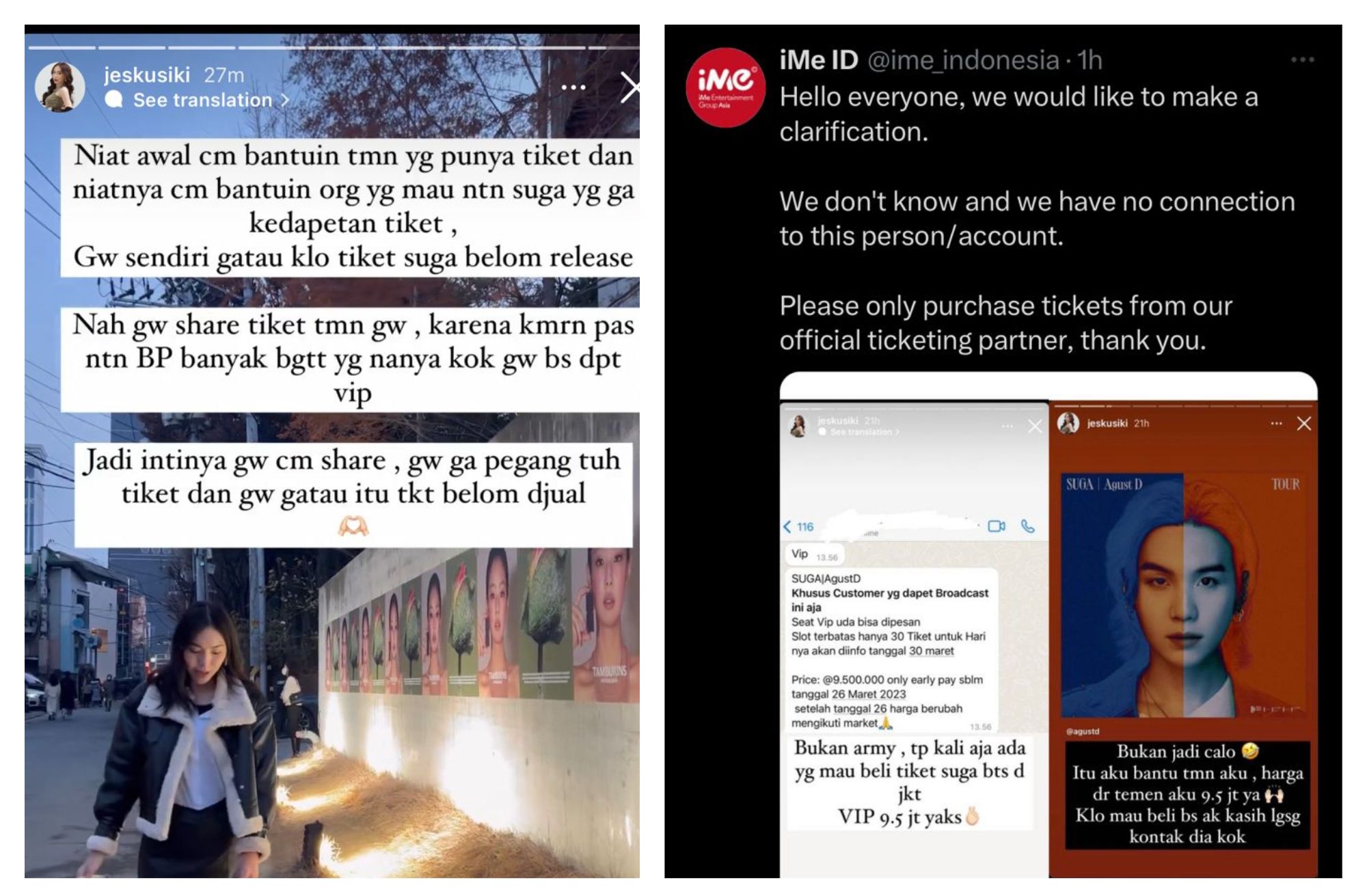iMe Indonesia memberikan klarifikasi terkait viral tiket VIP konser Suga BTS atau Agust D dibanderol Rp9,5 juta.*