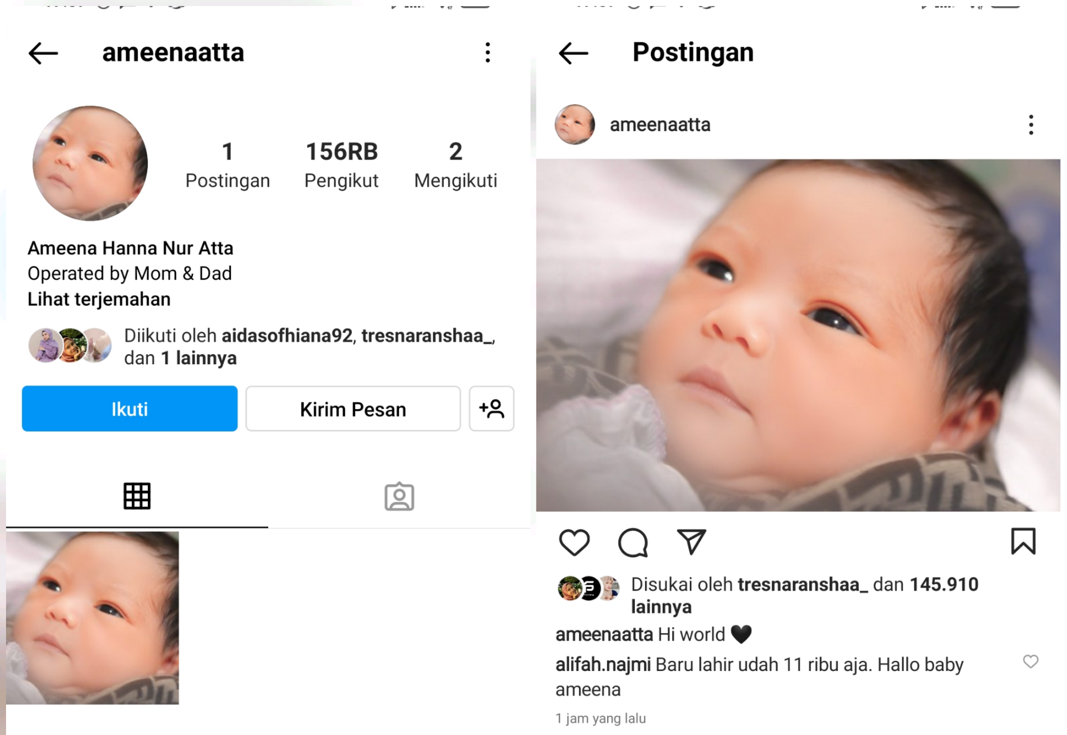Akun Instagram anak Atta Halilintar dan Aurel Hermansyah, Ameena Hanna Nur Atta sudah mencapai ratusan ribu followers.*