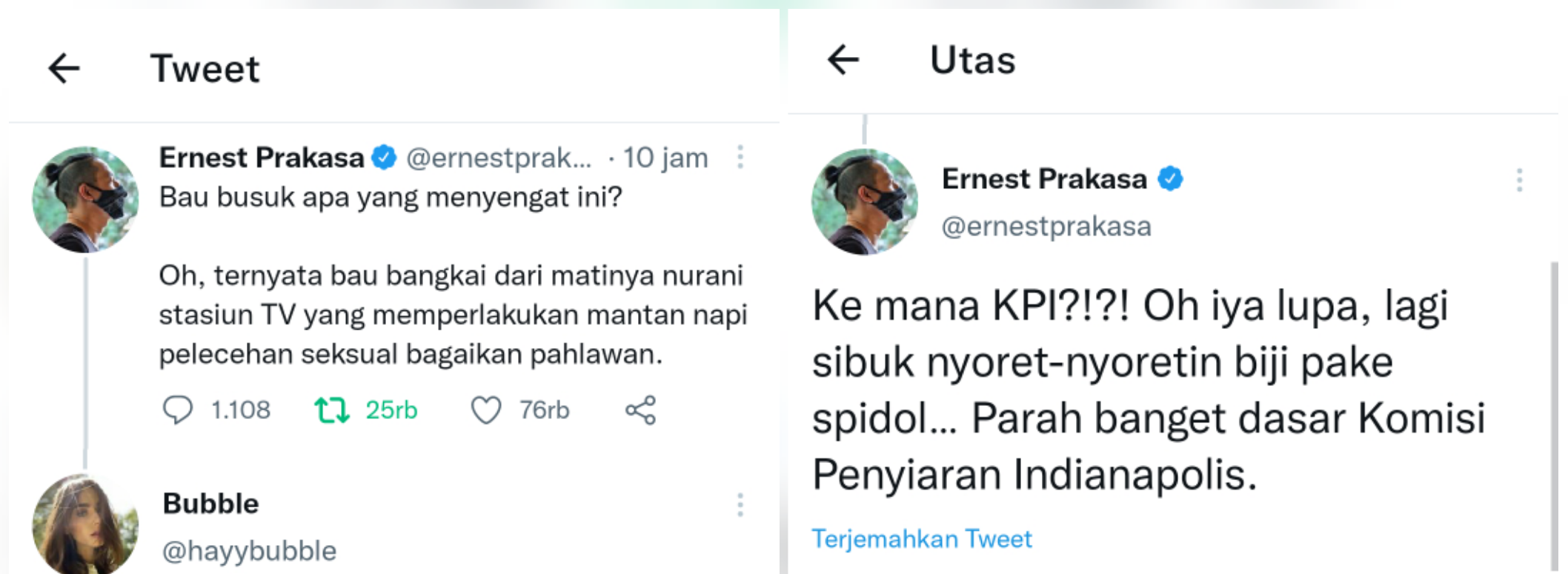 Ernest Prakasa mengungkapkan kegeraman kepada Komisi Penyiaran Indonesia (KPI) yang tidak menanggapi kasus Saipul Jamil.*
