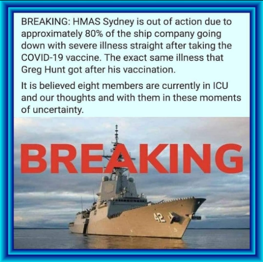 Unggahan sebuah foto hasil tangkapan layar yang mengklaim bahwa 80% tentara Angkatan Laut Australia yang bertugas di kapal perang HMAS Sydney tengah mengalami efek samping parah setelah divaksin Covid-19 (HOAX)/Facebook @Kym Hart