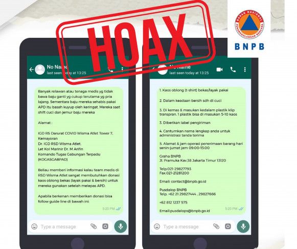Tangkapan layar hoaks pesan berantai yang mengklaim BNPB menggalang donasi kaos bekas untuk tenaga medis./Instagram@bnpb_indonesia