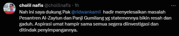 Cuitan dukungan Cholil Nafis untuk Gubernur Jawa Barat Ridwan Kamil.