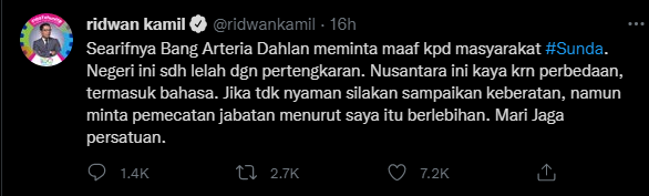 Cuitan Ridwan Kamil terkait dengan pernyataan kontroversial Arteria Dahlan.