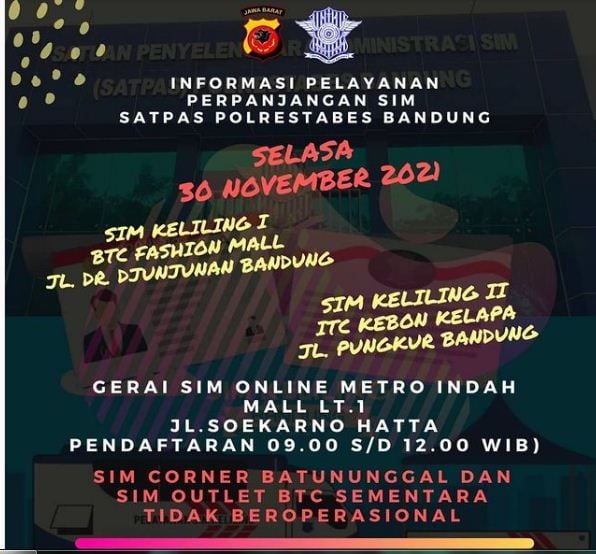Jadwal SIM Keliling Bandung Hari Ini, Selasa 30 November 2021