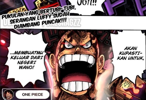 Berikut adalah spoiler One Piece 1042. Serangan Kaido terhadap Luffy. Gear keempat dari Topi Jerami untuk menyerang balik