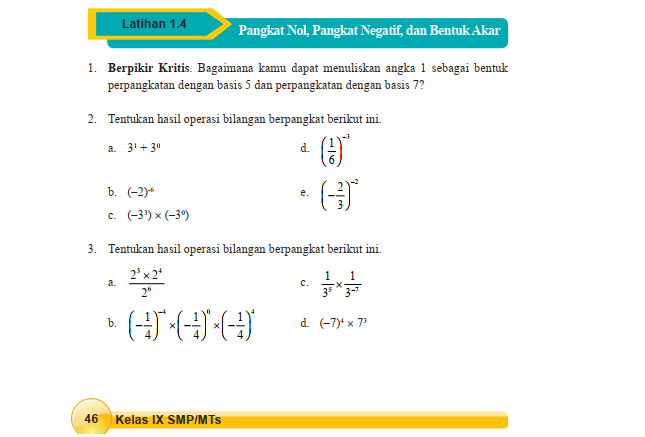 Kunci Jawaban Matematika Kelas 9 Halaman 46 47 Latihan 1 4 Pangkat Nol