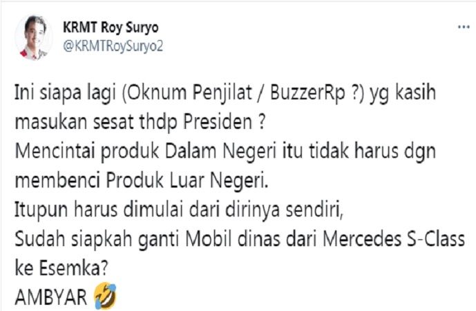 Cuitan Roy Suryo yang merespons ucapan Presiden Jokowi.
