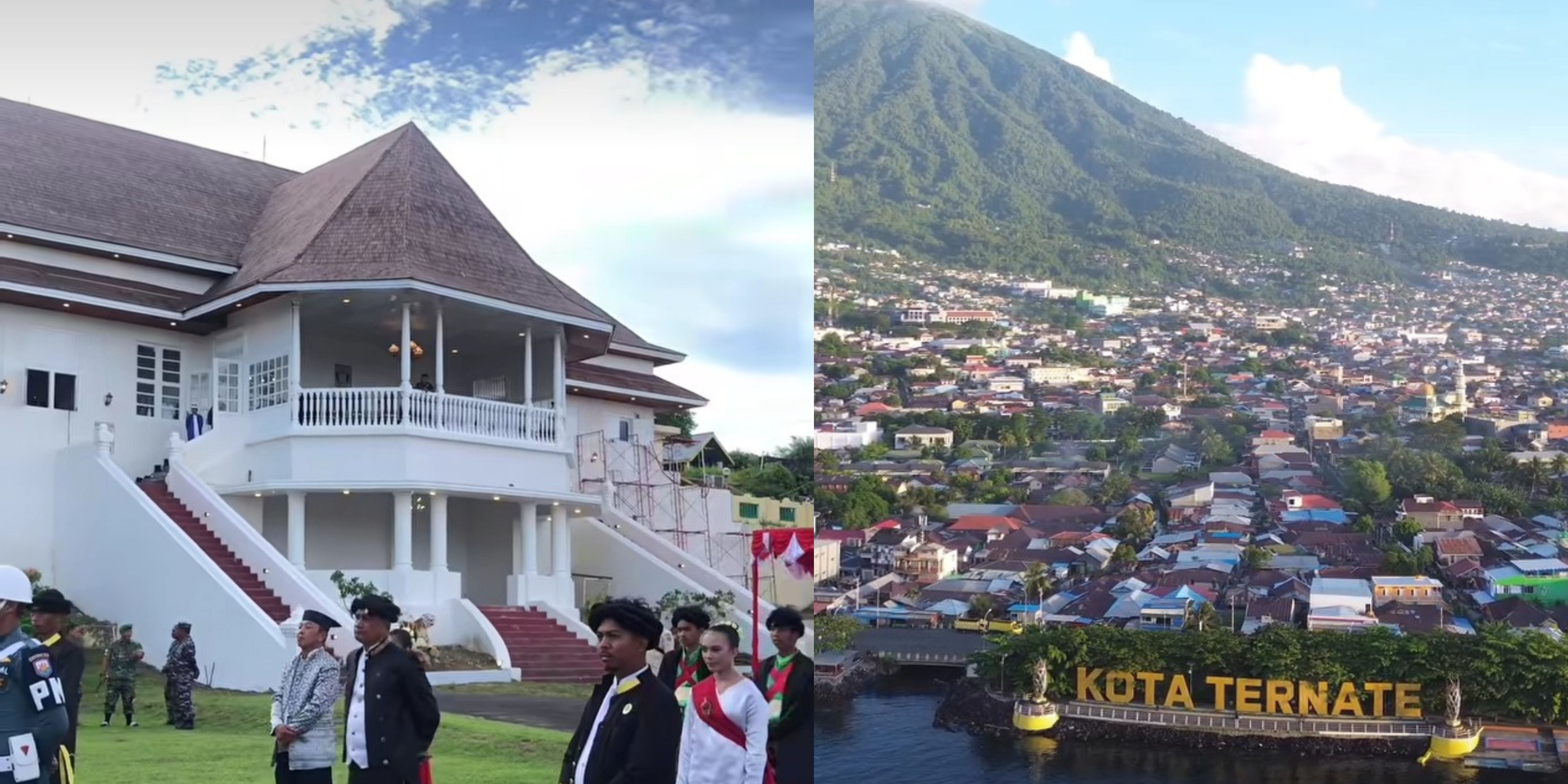 Kolase foto Kedaton Sultan Ternate dan pemandangan Kota Ternate dari udara