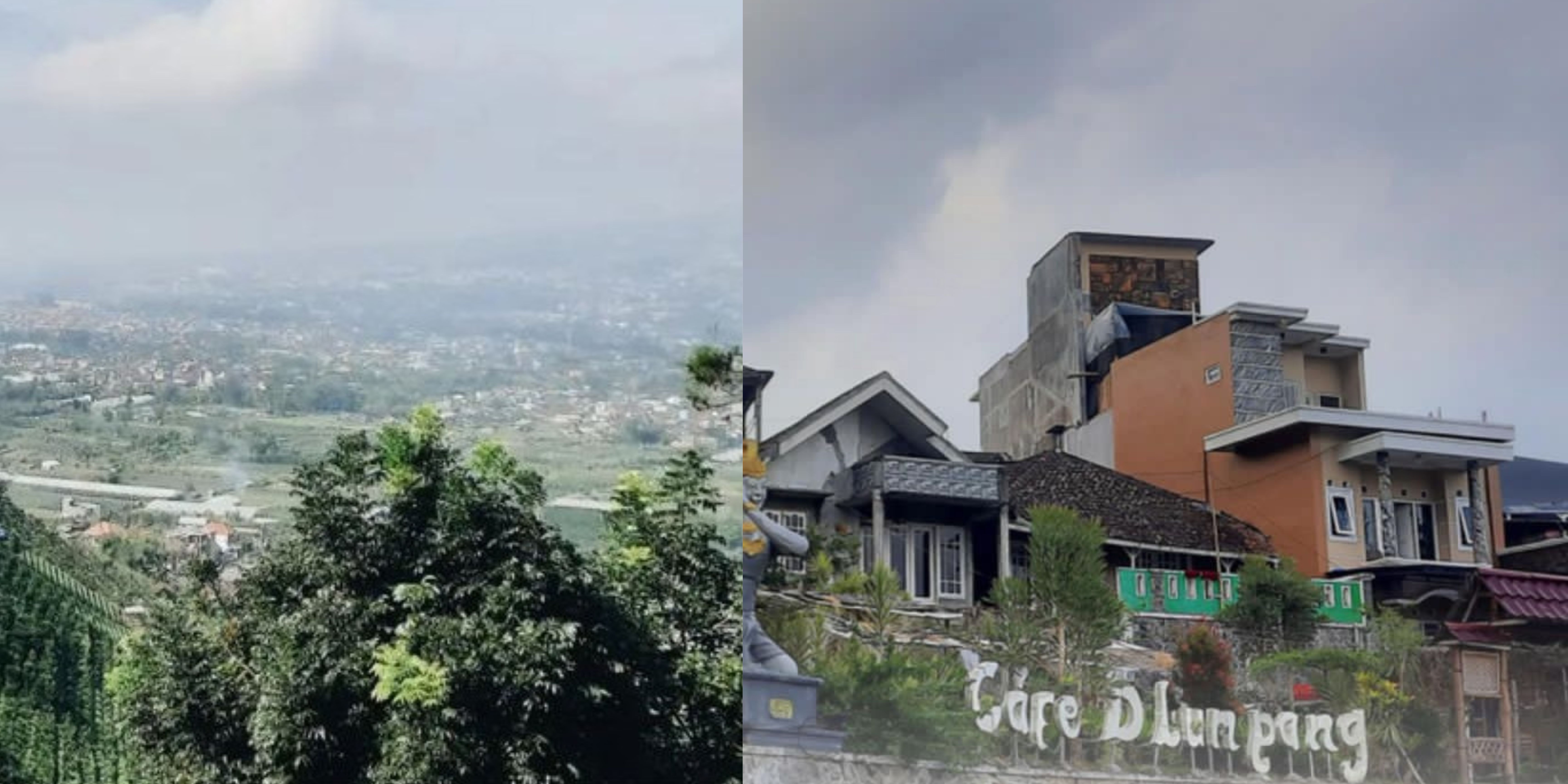 Kolase foto Desa Wisata Punten dengan panorama Kota Batu dan Malang Raya serta Cafe D'Lumpang