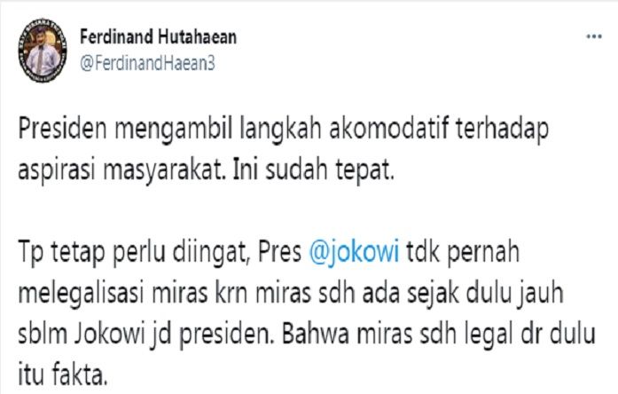Cuitan Ferdinand Hutahaean yang merespons langkah Presiden Jokowi cabut Perpres izin investasi miras.