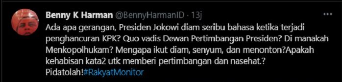 Hasil tangkap layar akun Twitter Benny K Harman