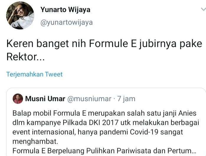 Cuitan Yunarto Wijaya yang merespons pernyataan Musni Umar soal pelaksanaan Formula E.