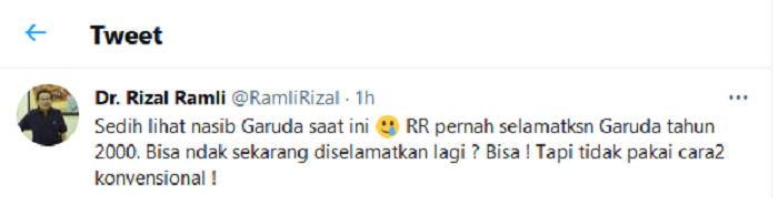 Hasil tangkap layar akun Twitter Rizal Ramli
