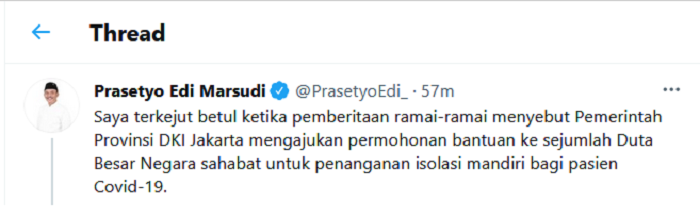 Hasil tangkap layar akun Twitter Prasetyo Edi Marsudi