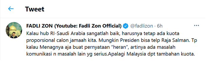 Hasil tangkap layar akun Twitter Fadli Zon