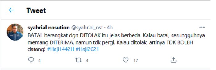 Hasil tangkap layar akun Twitter Syahrial Nasution