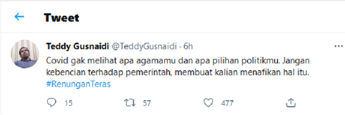 Hasil tangkap layar akun Twitter Teddy Gusnaidi