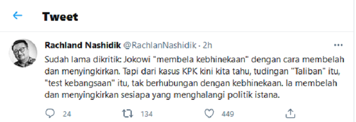 Hasil tangkap layar akun Twitter Rachland Nashidik