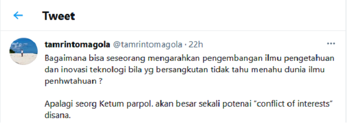 Hasil tangkap layar akun Twitter Tamrintomagola