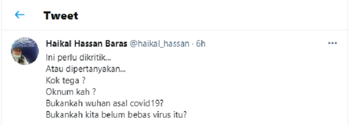 Hasil tangkap layar akun Twitter Haikal Hassan