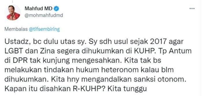 Cuitan Mahfud MD yang balas kritikan Tifatul Sembiring terkait LGBT dan zina.