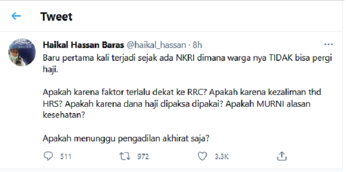 Hasil tangkap layar akun Twitter Haikal Hassan Baras