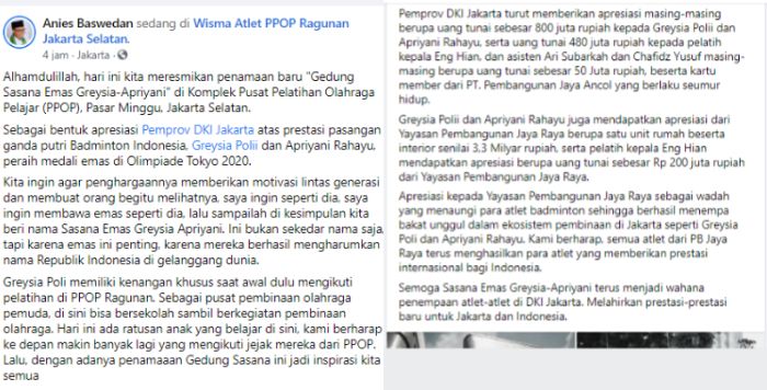 Unggahan Gubernur DKI Jakarta Anies Baswedan saat memberikan apresiasi terhadap Greysia Polii dan Apriayni Rahayu.