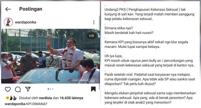 Wanda Ponika mempertanyakan sikap dan tanggapan Komisi Penyiaran Indonesia (KPI) usai bebasnya Saipul Jamil.*