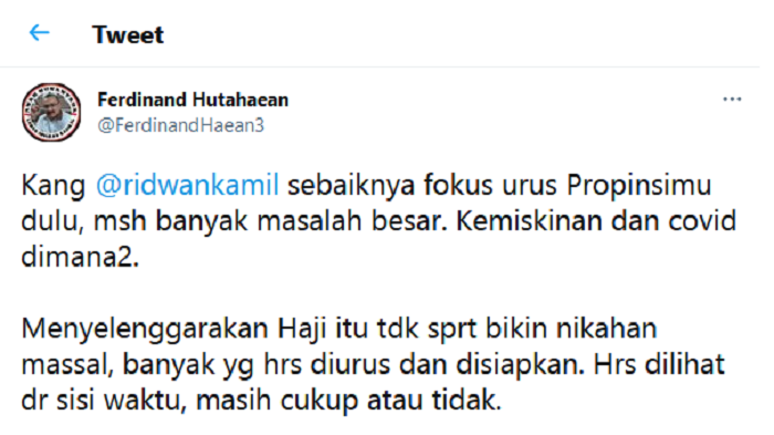 Hasil tangkap layar aklun Twitter Ferdinand Hutahaean 