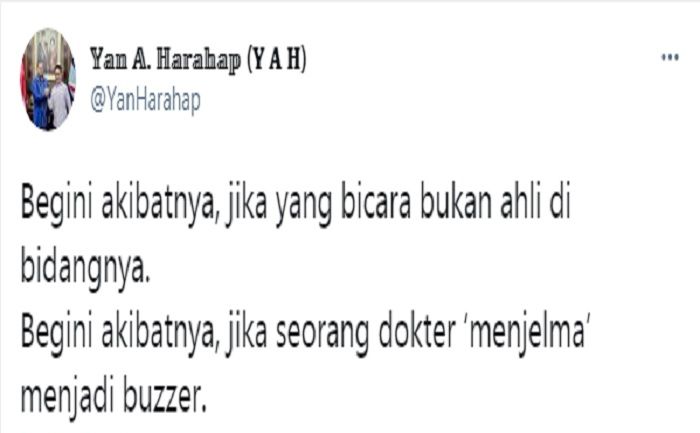 Cuitan Yan Harahap yang respons pernyataan dr. Tirta soal peristiwa kerumunan Presiden Jokowi di Maumere, NTT.