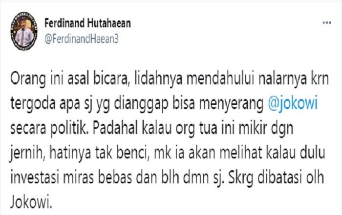 Cuitan Ferdinand Hutahaean respons pernyataan Amien Rais yang mengkritik Presiden Jokowi soal investasi miras.