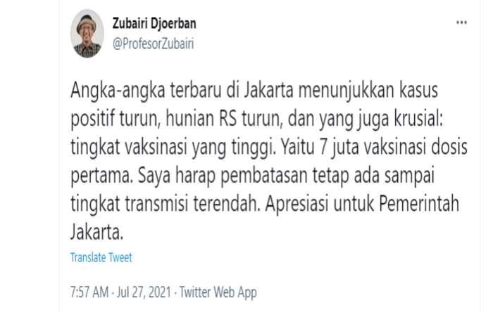 Cuitan Zubairi Djoerban yang mengapresiasi pemerintah DKI Jakarta terkait penanganan Covid-19.