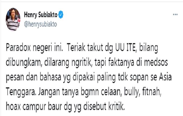 Cuitan Henry Subiakto soal netizen Indonesia paling 'barbar' se-Asia Tenggar.