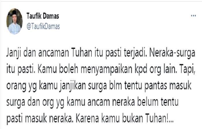 Cuitan Taufik Damas yang merespons Amien Rais yang singgung soal neraka di depan Presiden Jokowi.