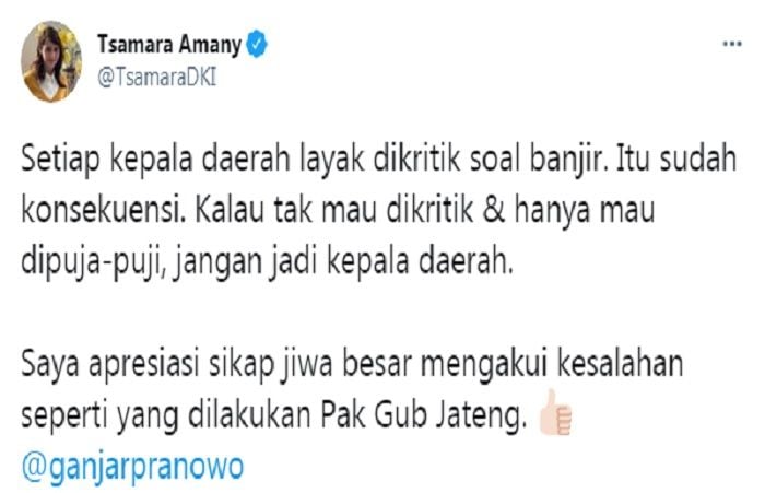 Cuitan Tsamara Amany yang komentari sikap Ganjar Pranowo yang mengakui kesalahannya imbas banjir di Semarang.