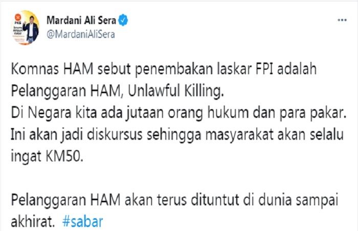 Cuitan Mardani Ali yang mengaku geram atas penetapan tersangka kepada 6 laskar FPI atas insiden baku tembak dengan polisi di Jalan Tol Jakarta-Cikampek KM 50.