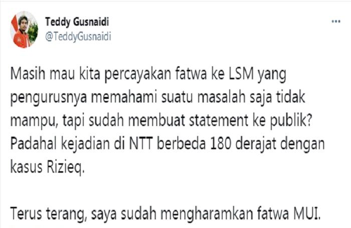 Cuitan Teddy Gusnaidi respons pernyataan Waketum MUI, Anwar Abbas yang sarankan Presiden Jokowi ditahan seperti HRS.