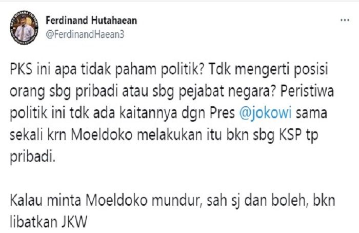 Cuitan Ferdinand Hutahaean respons cuitan Mardani Ali yang sebut Presiden Jokowi punya tanggung jawab moral usai Moeldoko terlibat kudeta Partai Demokrat.