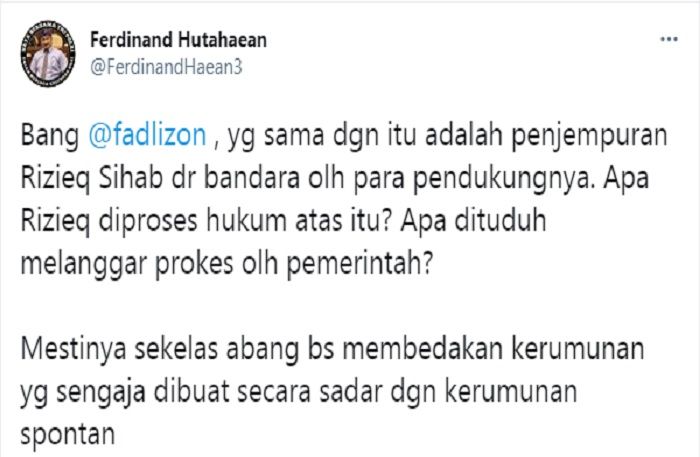 Cuitan Ferdinand Hutahaean yang respons pernyataan Fadli Zon soal kerumunan Jokowi di Maumere.