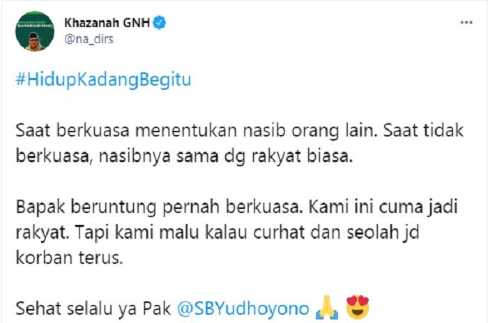 Cuitan Gus Nadir yang komentari pernyataan Susilo Bambang Yudhoyono (SBY).