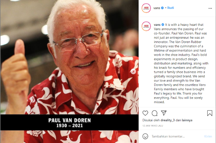 Unggahan Instagram resmi Vans umumkan Paul Van Doren meninggal dunia.*