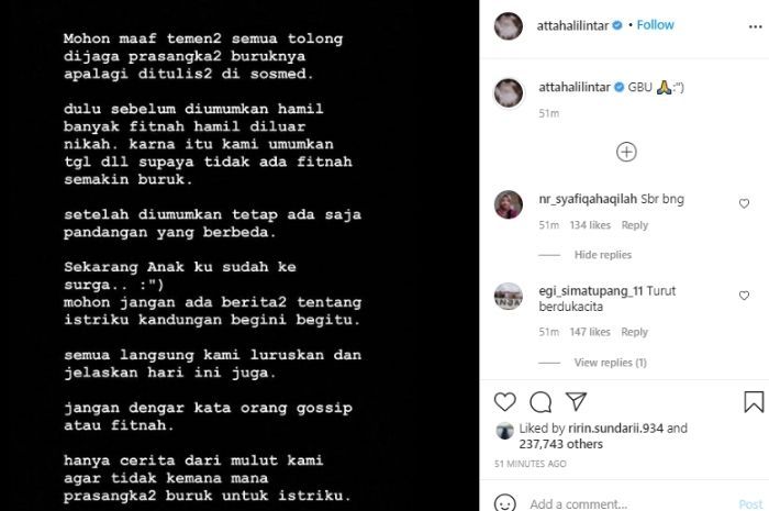 Unggahan Atta Halilintar yang meminta netizen tidak berprasangka negatif terkait keguguran sang istri.