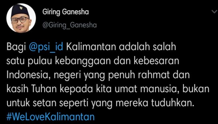 Cuitan Giring Ganesha soal Edy Mulyadi yang diduga menghina Kalimantan sebagai 'tempat jin buang anak'.