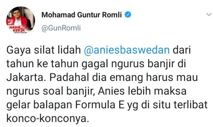 Cuitan Guntur Romli yang mengkritik Gubernur DKI Jakarta,  Anies Baswedan.