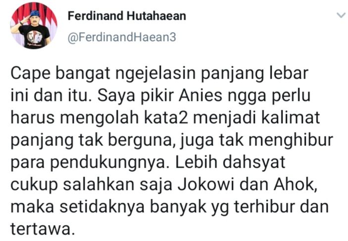 Cuitan Ferdinand Hutahaean yang merespons atas pernyataan Anies Baswedan soal banjir di Kepon Pala, Jakarta Timur (Jaktim).