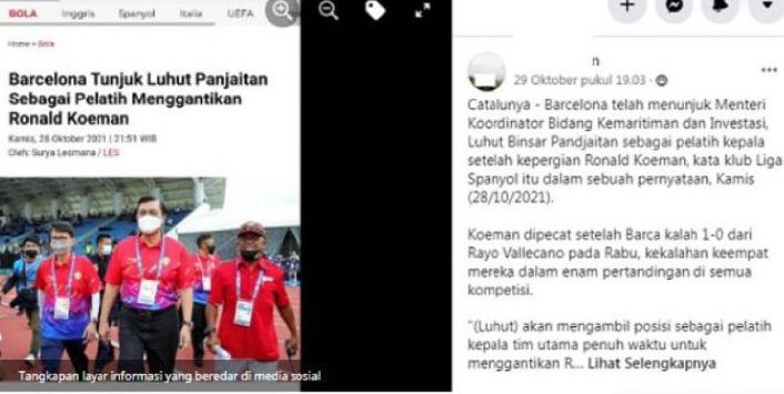 Tangkapan layar konten hoaks yang menyebut Luhut Binsar Pandjaitan menggantikan Ronald Koeman sebagai pelatih Barcelona. (Facebook)