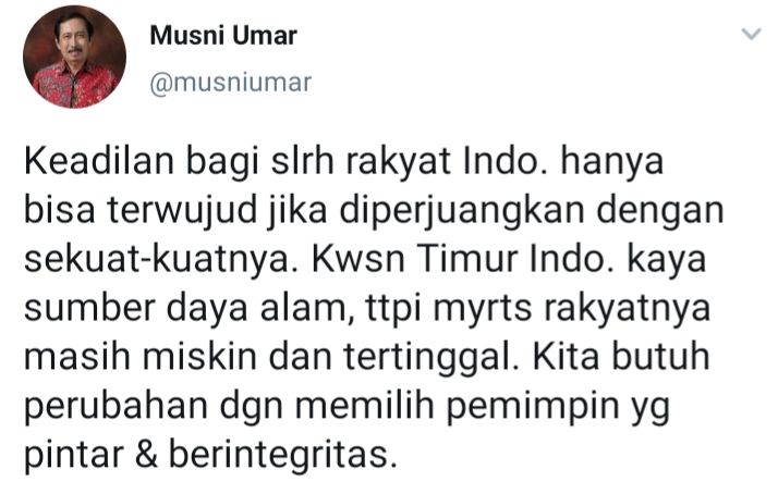 Cuitan Musni Umar yang menanggapi soal keinginan tokoh Indonesia Timur agar Anies Baswedan maju dalam Pilpres 2024 mendatang.