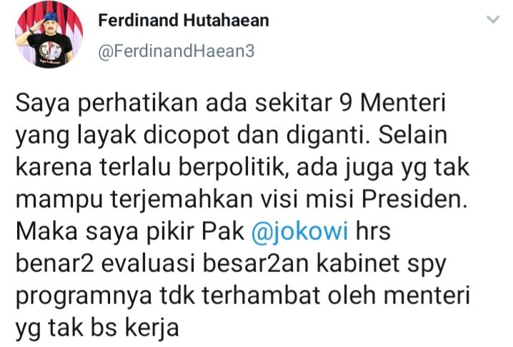 Cuitan Ferdinand Hutahaean yang menanggapi isu Presiden Jokowi bakal reshuffle kabinet yang kembali mencuat.