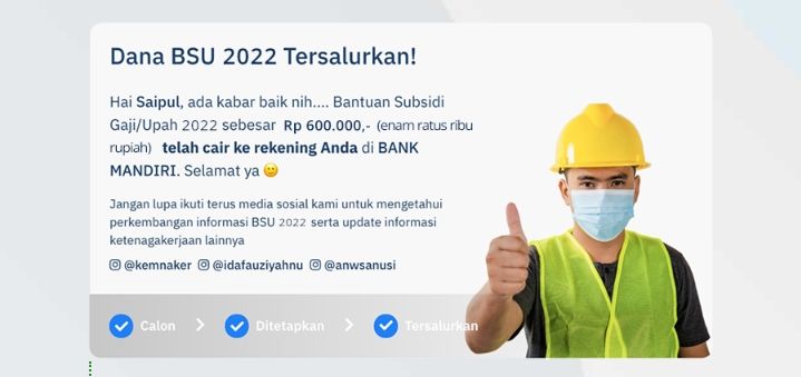 Dengan login di kemnaker.go.id dan lakukan cek nama penerima, pekerja bisa ketahui mendapatkan BSU 2022 Rp600.000 atau tidak dari Kemnaker.